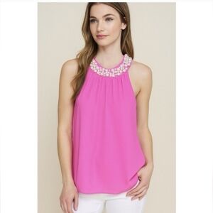 Lilly Pulitzer Bright Pink Shawn Tank Pearl Embellished Halter Size Medium